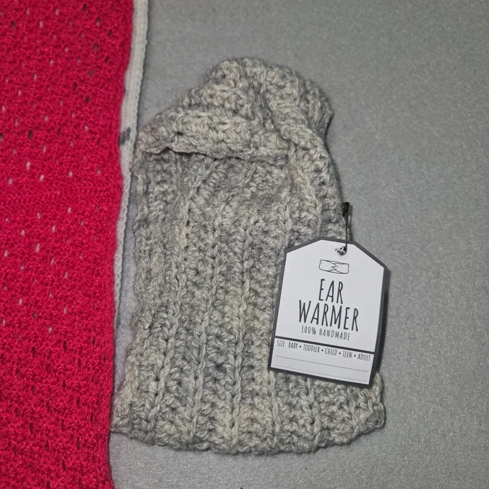 Unbranded Fair Isle Reindeer Scarf & Handmade Ear Warmer Set Pink Grey OS